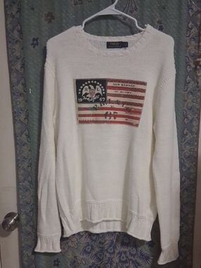 Ralph Lauren White Knit Sweater with Vintage Flag Graphic
